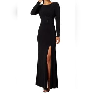Xscape Women's Round-Neck Long-Sleeve Corset-Waist Dress - Black/Nude